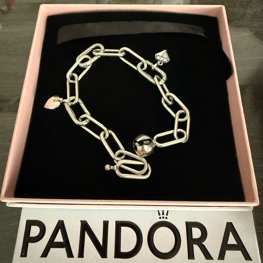 Pandora paperclip bracelet sterling silver with charms